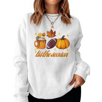 Tis The Season Pumpkin Leaf Latte Fall Thanksgiving Football Latte Women Sweatshirt | Mazezy