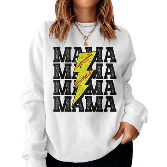 Vintage Softball Mama Distressed Lightning Bolt Mom Women Sweatshirt | Mazezy