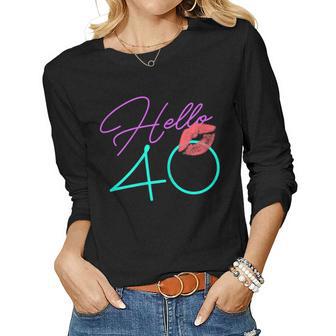 40Th Birthday Hello 40 Kiss Funny Purple Bday Women Gift Gift For Womens Gift For Women Women Graphic Long Sleeve T-shirt - Thegiftio UK