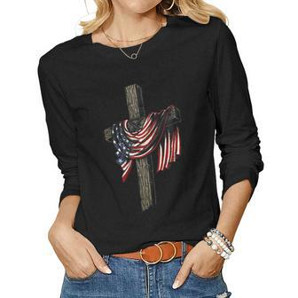 American By Birth Christian By Choice Dad By The Grace Women Graphic Long Sleeve T-shirt - Seseable