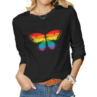 Butterfly Rainbow Print Rainbow Butterfly Women Graphic Long Sleeve T-shirt - Seseable