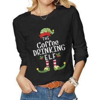 Coffee Drinking Christmas Elf Matching Pajama Xmas Party Gift For Women Women Graphic Long Sleeve T-shirt - Thegiftio UK