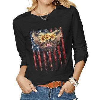 Cute Baby Highland Cow With Sunflowers 4Th Of July Funny Women Graphic Long Sleeve T-shirt - Monsterry UK