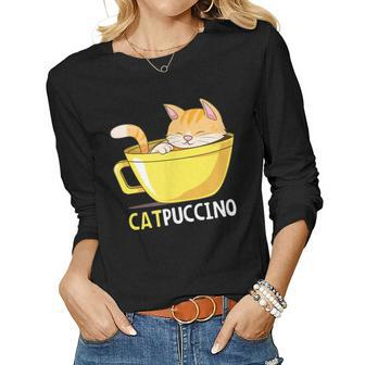 Funny Cat Catpuccino Cappuccino Coffee Cute Kitten Design Gift For Women Women Graphic Long Sleeve T-shirt - Thegiftio UK