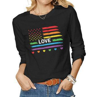 Lgbtq Pride 4Th Of July American Rainbow Flag Love Women Graphic Long Sleeve T-shirt - Monsterry