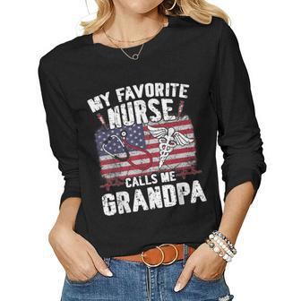 Retro My Favorite Nurse Calls Me Grandpa Usa Flag Father Day Women Long Sleeve T-shirt | Mazezy AU