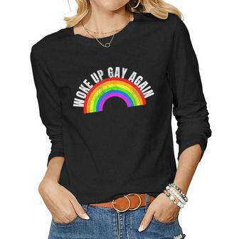 Retro Woke Up Gay Again Rainbow Lgbt Gay Lesbian Trans Pride Women Graphic Long Sleeve T-shirt - Thegiftio UK