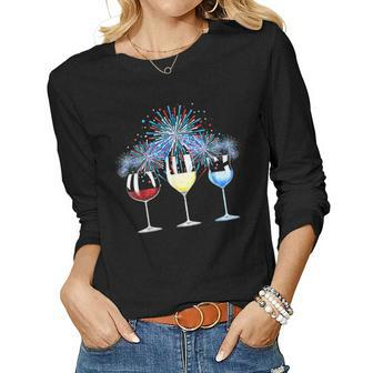 Wine Glass Red White Blue Firework Happy 4Th Of July Women Long Sleeve T-shirt | Mazezy