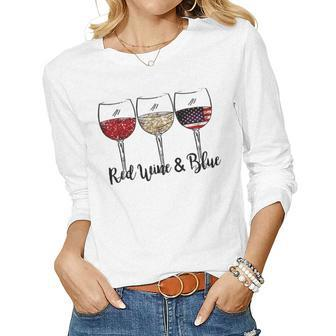 4Th Of July Red White Blue Wine Fourth Of July Usa Flag Women Long Sleeve T-shirt | Mazezy