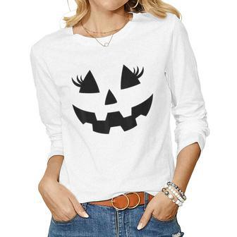 Jack O Lantern Eyelashes Pumpkin Face Halloween Women Girls Gift For Women Women Graphic Long Sleeve T-shirt - Thegiftio UK