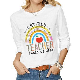 Retired Teacher Class Of 2023 Rainbow Pencil Apple Women Long Sleeve T-shirt | Mazezy