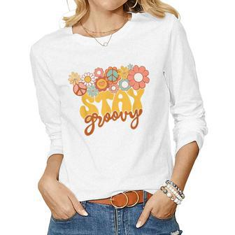 Retro Sunflower Hippie Stay Groovy Positive Mind Happy Life Women Long Sleeve T-shirt | Mazezy