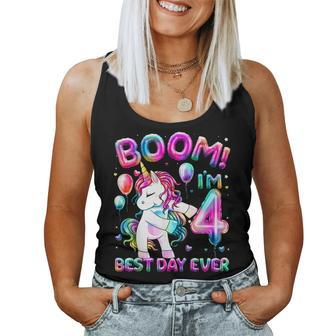 4 Years Old Flossing Unicorn 4Th Birthday Girl Party Women Tank Top - Seseable