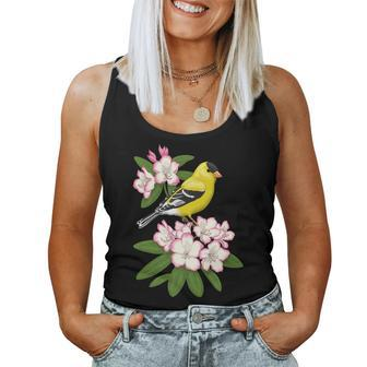 American Goldfinch Bird & Pink Coastal Rhododendron Flowers Women Tank Top | Mazezy