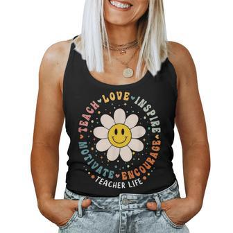 Back To School Teach Love Inspire Retro Teacher Daisy Flower Women Tank Top Weekend Graphic - Seseable