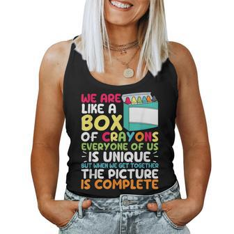 Back To School Teacher We Are Like A Box Of Crayons Student Women Tank Top Weekend Graphic - Seseable