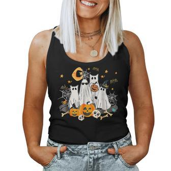 Black Cats In Ghost Costume Cute And Halloween Women Tank Top - Monsterry UK