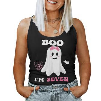 Boo I'm Seven Ghost Seventh Birthday Groovy Halloween Girl Women Tank Top - Thegiftio UK
