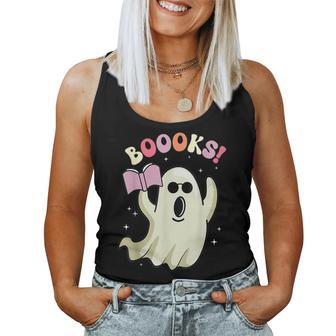 Boooks Ghost Groovy Book Reading Halloween Teacher Women Tank Top - Thegiftio UK