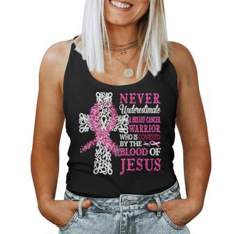 Breast Cancer Warrior Never Underestimate The Blood Of Jesus Women Tank Top Basic Casual Daily Weekend Graphic - Seseable