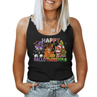 Cat Happy Hallothanksmas Halloween Thanksgiving Christmas Women Tank Top - Monsterry DE