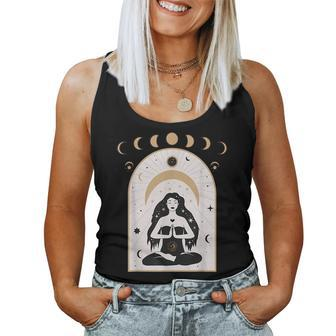 Celestial Moon Phases And Girl Meditation Boho Wicca Yoga Women Tank Top | Mazezy
