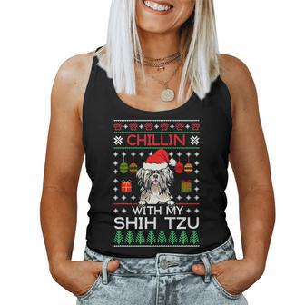 Chillin With My Shih Tzu Santa Ugly Christmas Sweater Women Tank Top - Seseable
