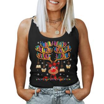 Christmas Library Red Deer For Librarian And Book Lover Women Tank Top | Mazezy