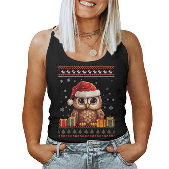 Christmas Owl Santa Hat Ugly Christmas Sweater Women Tank Top - Seseable