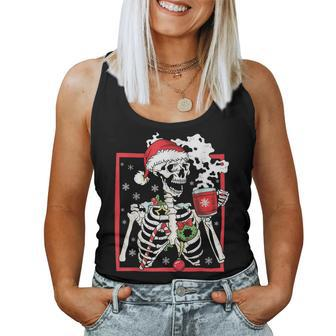 Christmas Skeleton With Smiling Skull Drinking Coffee Latte Women Tank Top | Mazezy