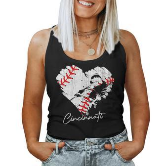 Cincinnati Baseball Heart Distressed Vintage Baseball Fans Women Tank Top Weekend Graphic - Seseable