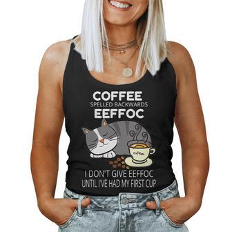 Coffee Backwards Eeffoc Cat And Coffee Humor Women Tank Top | Mazezy