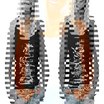 Coffee Drinking Skeleton Coffee Messy Bun Halloween Women Tank Top | Mazezy