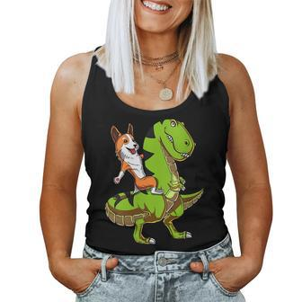 Corgi Dog Riding T-Rex Dinosaur Women Tank Top | Mazezy