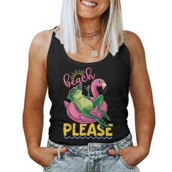 Cute Lazy Frog Pink Flamingo Beach Please Summer Vibes Women Tank Top | Mazezy