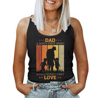 Dad A Sons First Hero A Daughters First Love For Fathers Day Women Tank Top | Mazezy