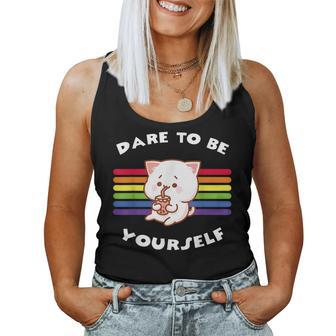 Dare To Be Yourself Gay Pride Vintage Rainbow Lgbt Cat Women Tank Top | Mazezy
