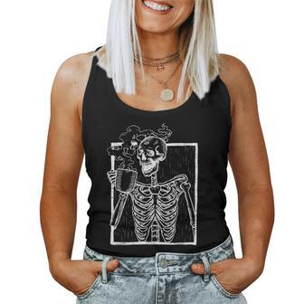Distressed Skeleton Vintage Smiling Skull Drinking Coffee Drinking s Women Tank Top | Mazezy