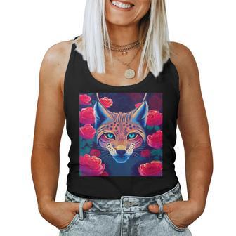 Eurasian Lynx Animal Roses Flower Pattern Graphic Women Tank Top | Mazezy