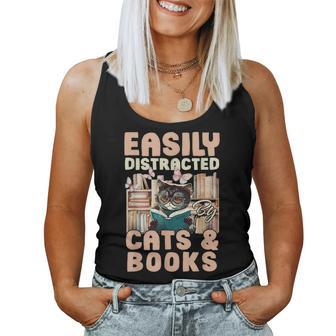Family Cat Easily Distracted By Cats And Books Cats & Coffee For Coffee Lovers Women Tank Top | Mazezy
