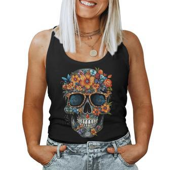 Floral Mexican Skull Day Of The Dead Dia De Muertos Women Tank Top - Seseable
