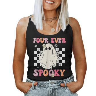 Four Ever Spooky Floral Ghost Halloween 4Th Birthday Party Women Tank Top - Seseable