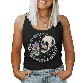 Fueled By Iced Coffee And Anxiety Skull Coffee Lover Women Tank Top - Seseable