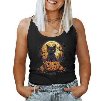 Full Moon Halloween Scary Black Cat Costume Pumpkins Women Tank Top - Seseable