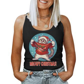 Cat In Ugly Sweater Meowy Christmas Pajama Women Tank Top - Seseable