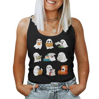 Ghost Reading Teacher Halloween Librarian Book Lover School Women Tank Top - Seseable