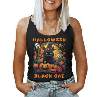 Groovy Black Cat Season Halloween Pumpkin Monster Costume Women Tank Top - Seseable