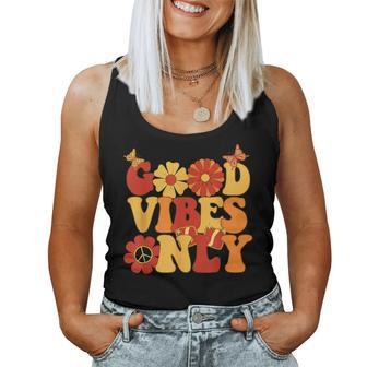 Groovy Good Vibes Only Peace Love 60S 70S Flower Butterfly Women Tank Top - Seseable