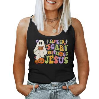 Groovy Halloween Life Is Scary Without Jesus Christian Lover Women Tank Top - Seseable