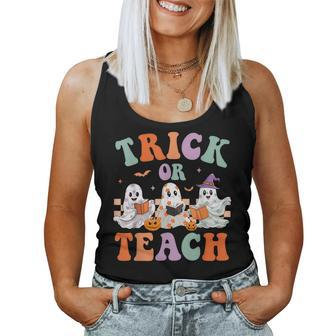 Groovy Halloween Trick Or Teach Floral Ghost Teacher Women Tank Top - Seseable